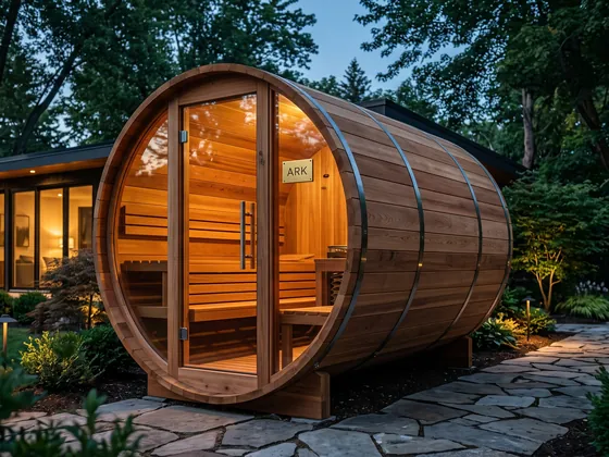 ARK Barrel Sauna in natural cedar, lit at dusk beside a house