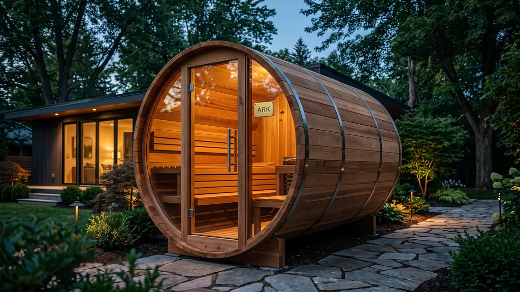 ARK Barrel Sauna for four to six in natural cedar, lit at dusk on a stone path beside a house