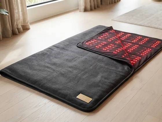 ARK Red Light Blanket open on a wooden floor, showing rows of red LEDs and a gold ARK badge