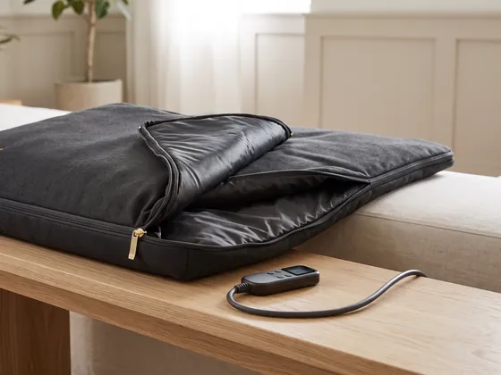 ARK Sauna Blanket in black with an embossed ARK mark and a hand controller, folded on a wooden bench in a bedroom