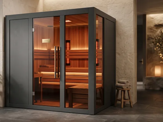 ARK Cedar Large in black: a three-person infrared sauna with a full glass front and a cedar interior