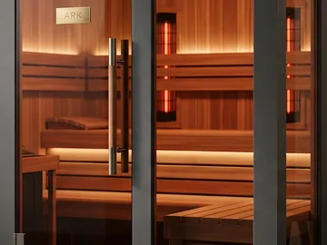 Detail: the cedar benches and the infrared panels