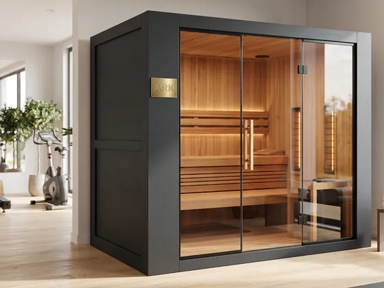 ARK Cedar Medium in black: a two-person infrared sauna with a cedar interior, a full glass front and a gold ARK plaque, in a home gym