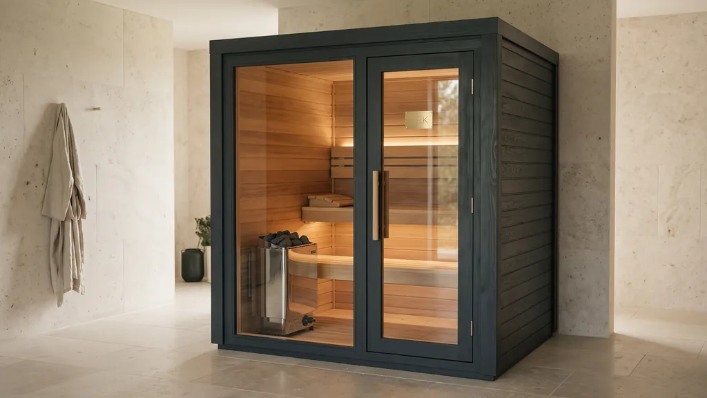 ARK Traditional Dry Sauna for two in black, glowing warm through double glass doors