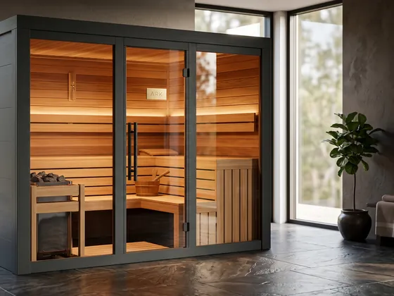 ARK Traditional Dry Sauna for four in black, with a wide glass front, tiered benches and an electric stove with stones